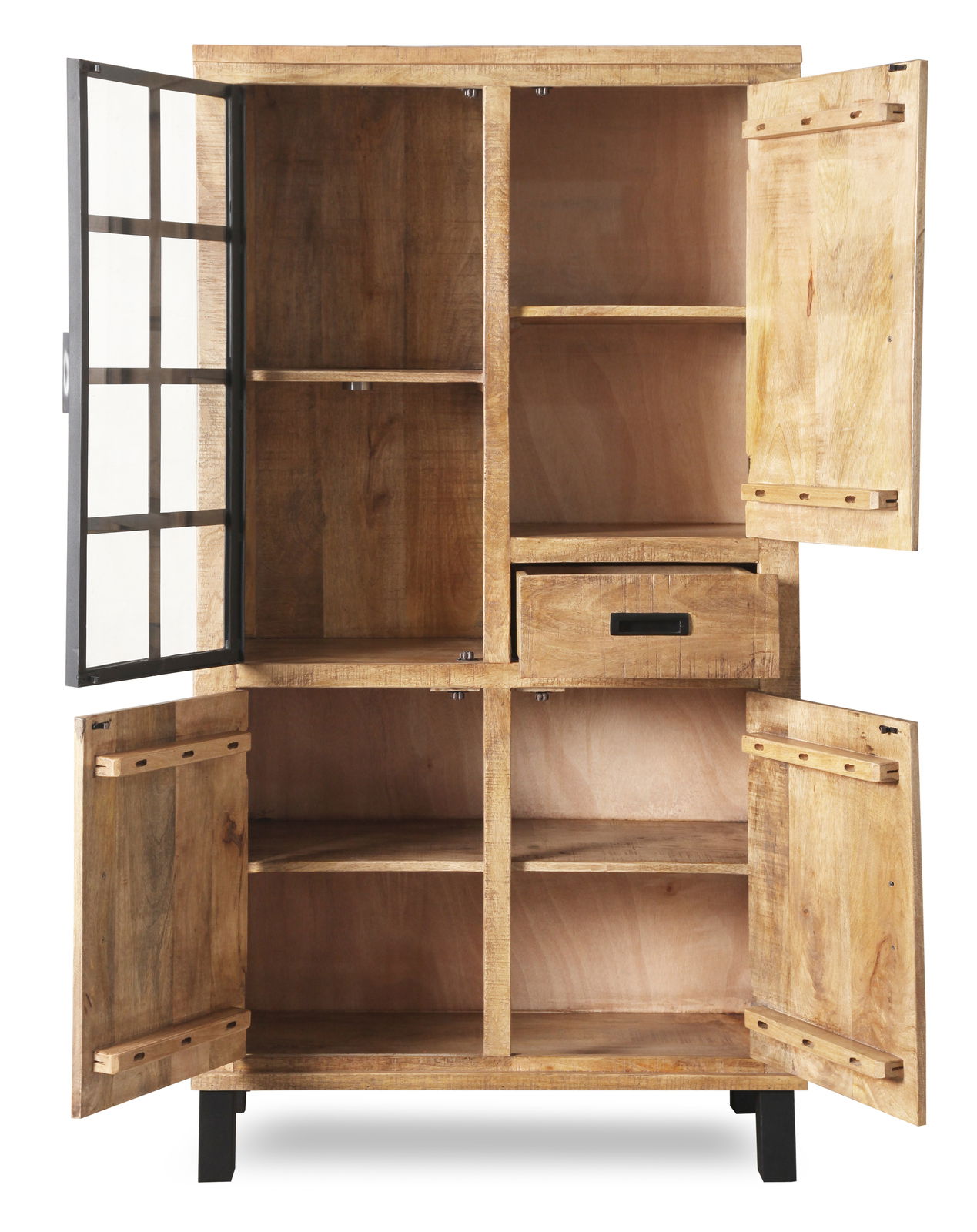 Vitrinenschrank KALI aus Holz mit offenen Türen, zeigt mehrere Regalfächer und eine Schublade, Frontalansicht