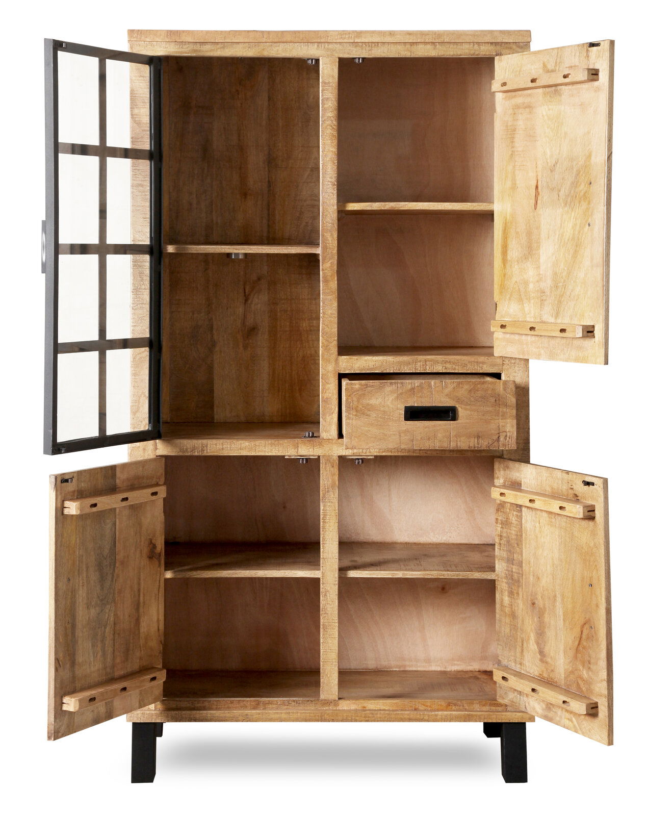 Vitrinenschrank KALI aus Holz mit offenen Türen, zeigt mehrere Regalfächer und eine Schublade, Frontalansicht