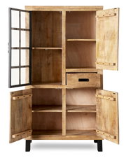 Vitrinenschrank KALI aus Holz mit offenen Türen, zeigt mehrere Regalfächer und eine Schublade, Frontalansicht
