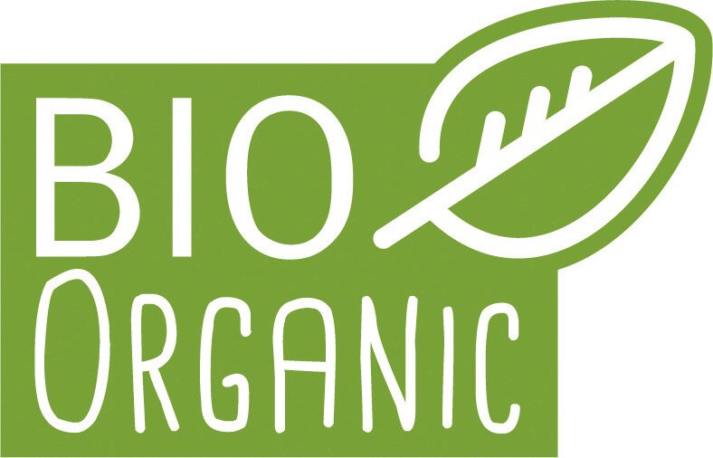 Groen Bio-Organic-logo met bladmotief, vooraanzicht