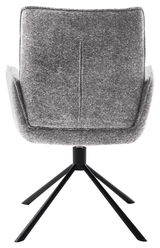 Rückansicht eines grauen Armlehnstuhls mit schwarzem Metallgestell.