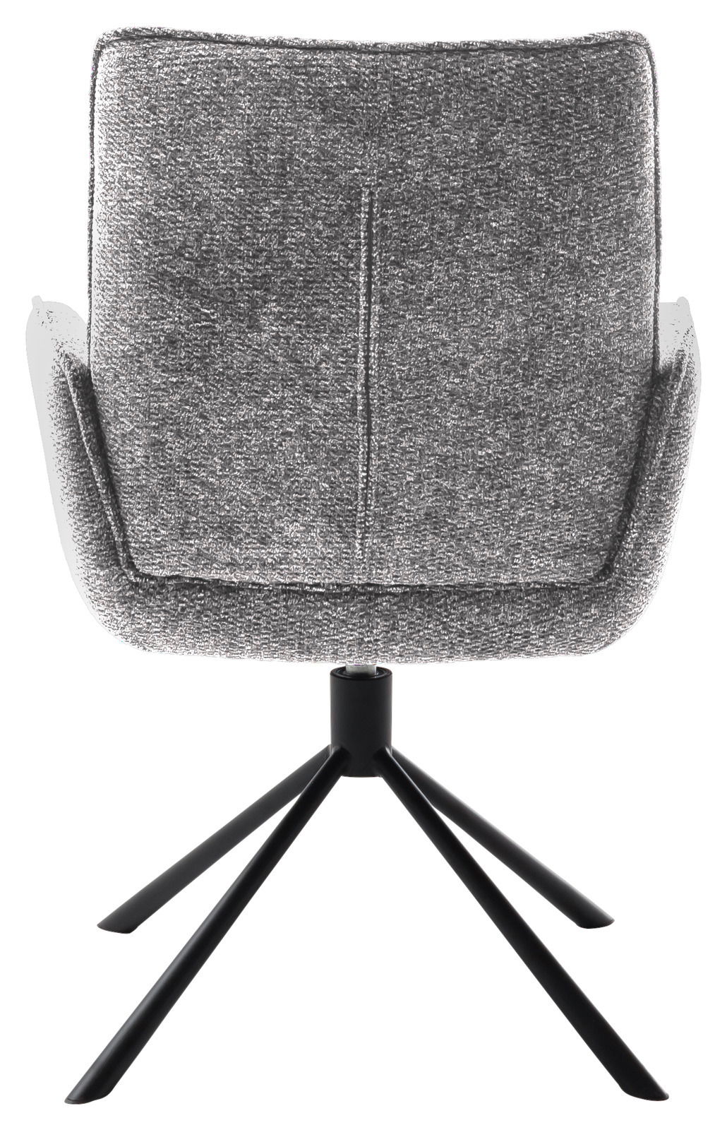 Rückansicht eines grauen Armlehnstuhls mit schwarzem Metallgestell.