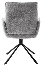 Rückansicht eines grauen Armlehnstuhls mit schwarzem Metallgestell.