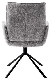 Rückansicht eines grauen Armlehnstuhls mit schwarzem Metallgestell.