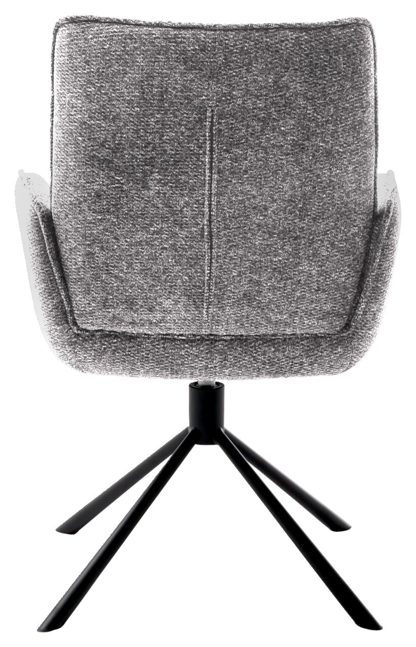 Achterkant van een grijze fauteuil met een zwart metalen frame.
