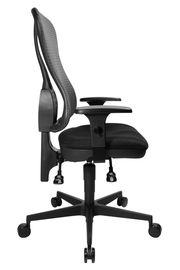 Moderner schwarzer Drehstuhl mit Netzrückenlehne, seitliche Ansicht