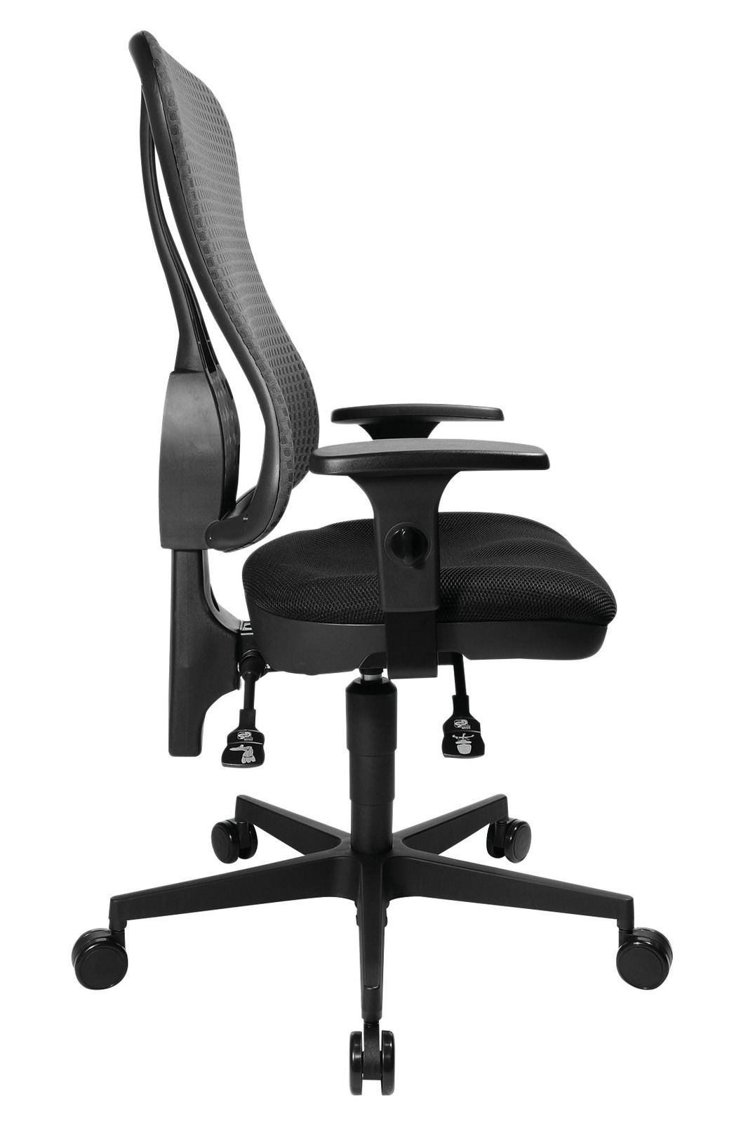 Moderner schwarzer Drehstuhl mit Netzrückenlehne, seitliche Ansicht