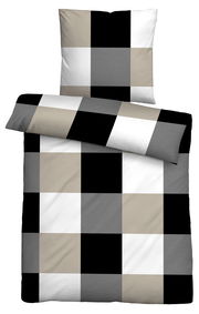 Bettwäsche-Set mit großem Karomuster in Schwarz, Weiß, Grau und Beige, aus der Vogelperspektive fotografiert.