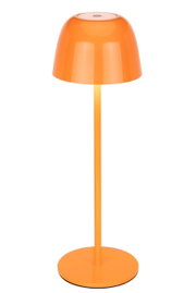 Orangefarbene Akku-Tischleuchte mit rundem Schirm und schlankem Standfuß, seitliche Perspektive
