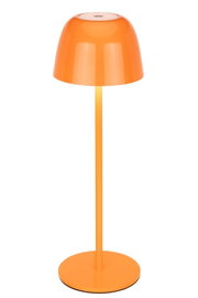 Orangefarbene Akku-Tischleuchte mit rundem Schirm und schlankem Standfuß, seitliche Perspektive