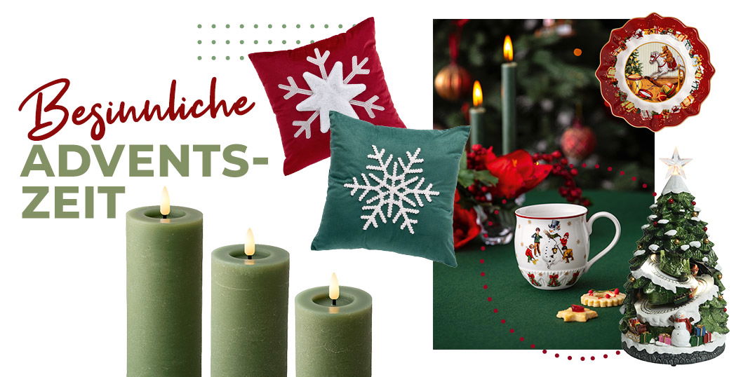 Besinnliche Adventszeit mit festlicher Deko – Weihnachtskerzen, Kissen, Geschirr und Accessoires für gemütliche Stunden im Advent.