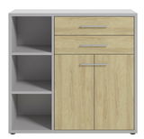 Moderner Aktenschrank mit zwei Schubladen und zwei Türen in Holzoptik, links offene Regalfächer, Frontalansicht