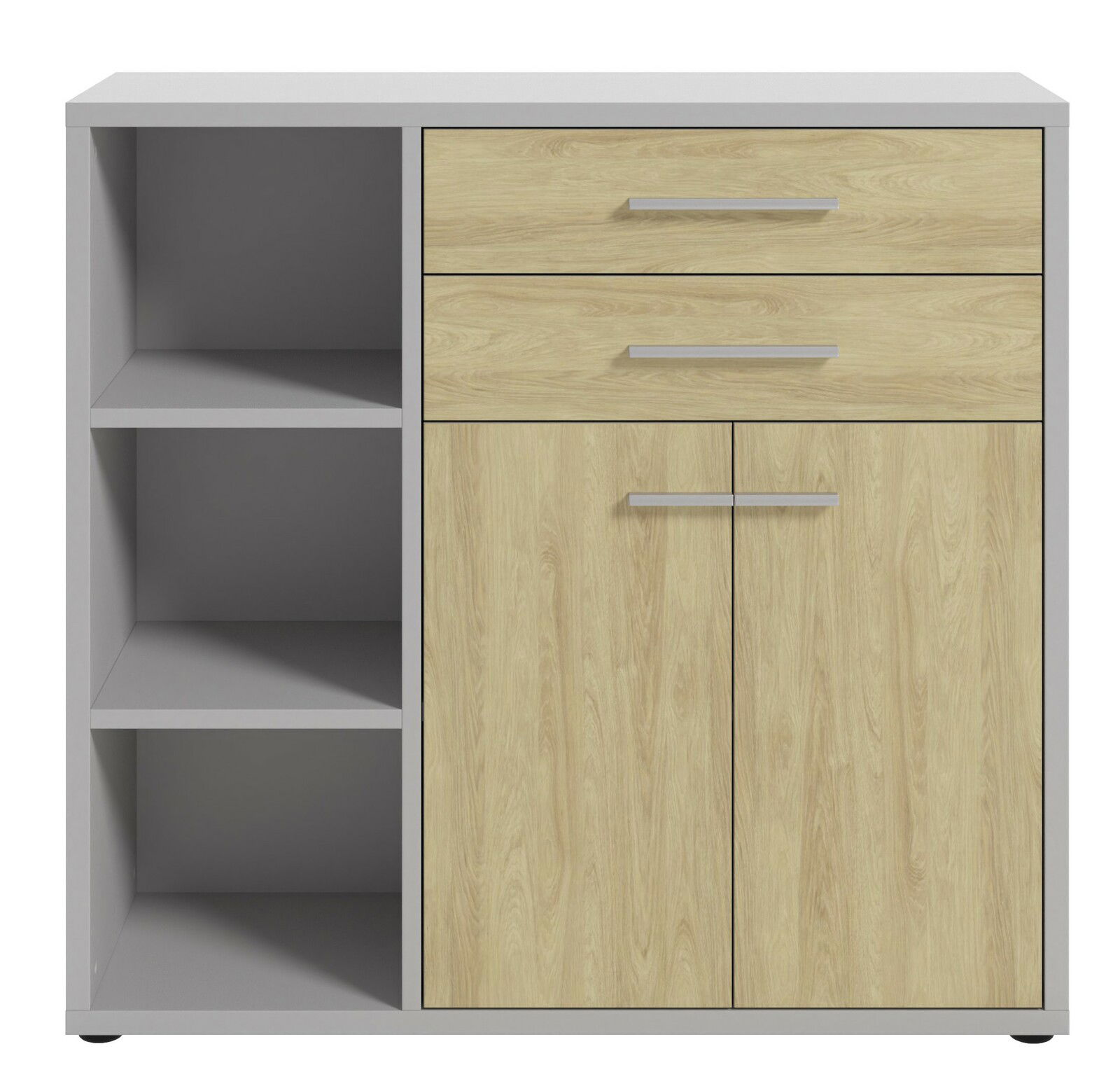 Moderner Aktenschrank mit zwei Schubladen und zwei Türen in Holzoptik, links offene Regalfächer, Frontalansicht