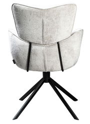 Rückansicht eines modernen Armlehnstuhls mit hellgrauem Stoffbezug und schwarzem Metallgestell.