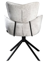 Rückansicht eines modernen Armlehnstuhls mit hellgrauem Stoffbezug und schwarzem Metallgestell.