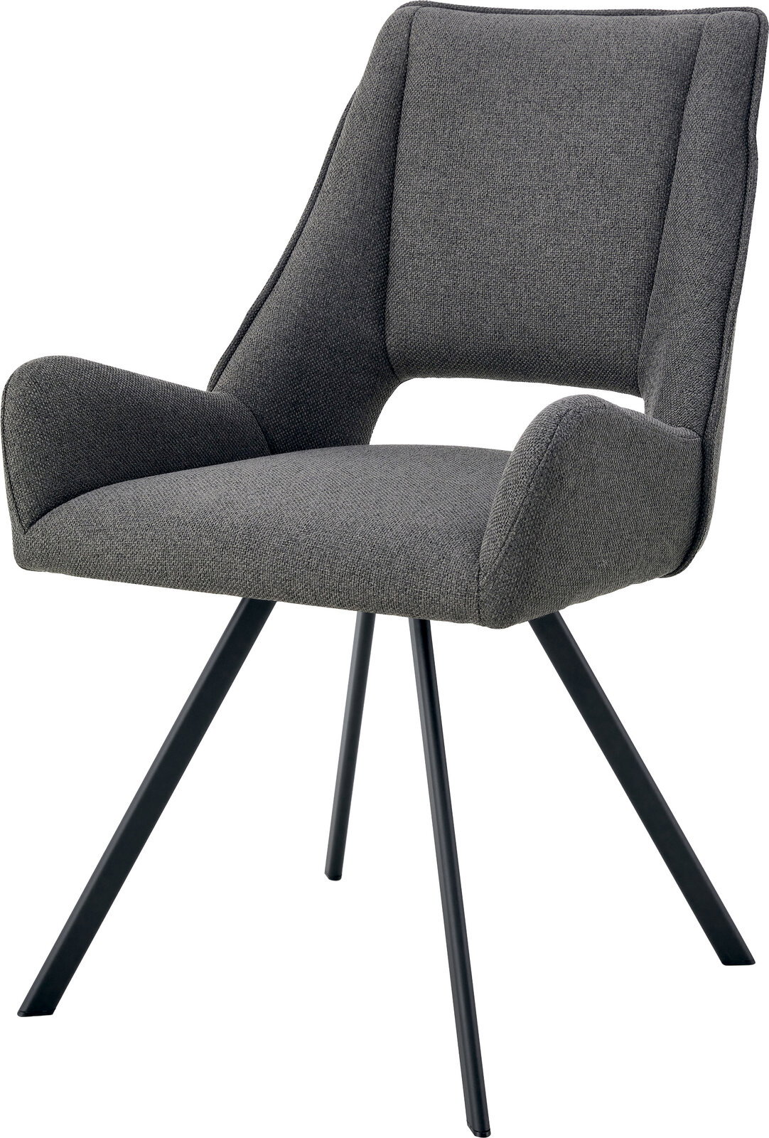 Gepolsterter Esszimmerstuhl mit Armlehnen in dunkelgrauem Stoffbezug und schwarzen Metallbeinen, schräg von vorne links fotografiert