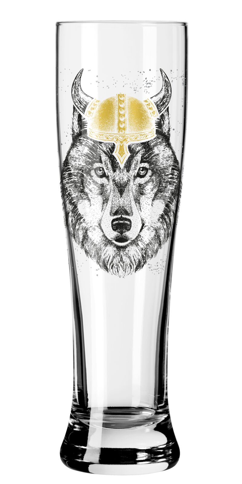Transparant pilsbierglas met zwarte wolvenkop-illustratie en goudkleurige Vikinghelm, frontaal aanzicht.