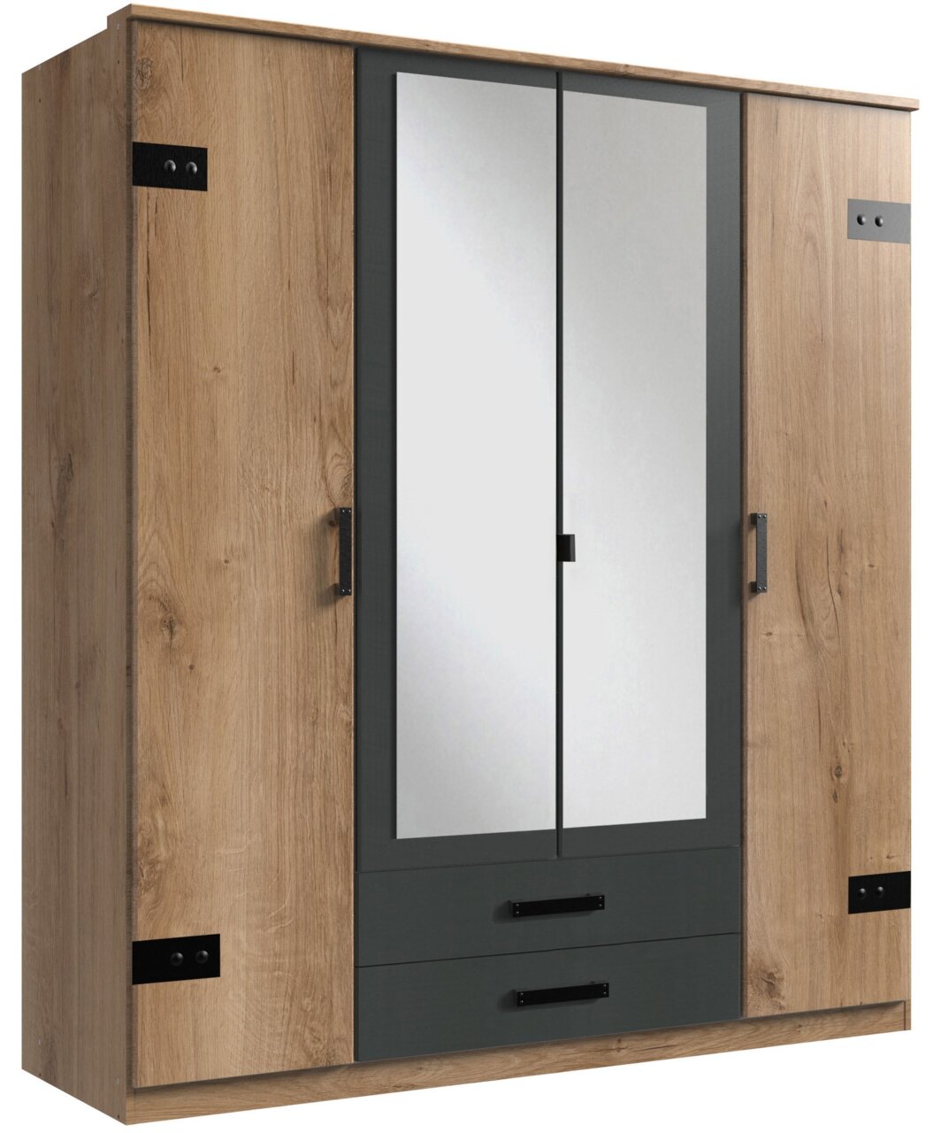 Drehtürenschrank 4-türig in Holzoptik mit zwei Spiegeltüren in der Mitte, seitliche Perspektive