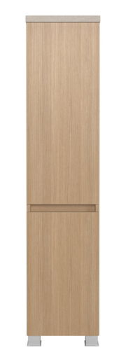 Frontansicht eines Midischranks mit Holzoptik und vertikalen Rillen, 30 cm breit.