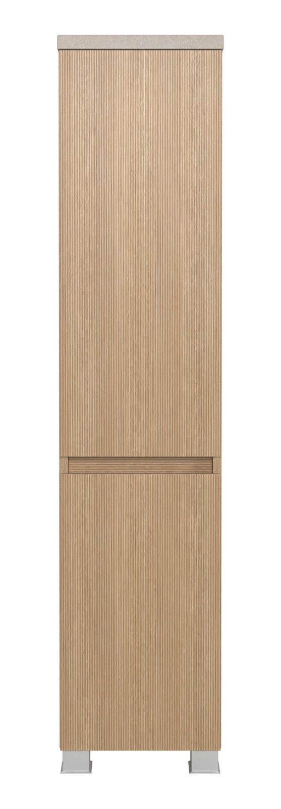 Frontansicht eines Midischranks mit Holzoptik und vertikalen Rillen, 30 cm breit.