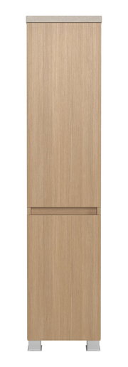 Frontansicht eines Midischranks mit Holzoptik und vertikalen Rillen, 30 cm breit.