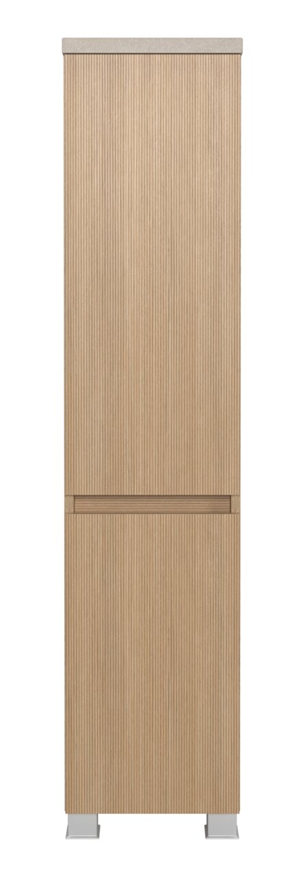 Frontansicht eines Midischranks mit Holzoptik und vertikalen Rillen, 30 cm breit.