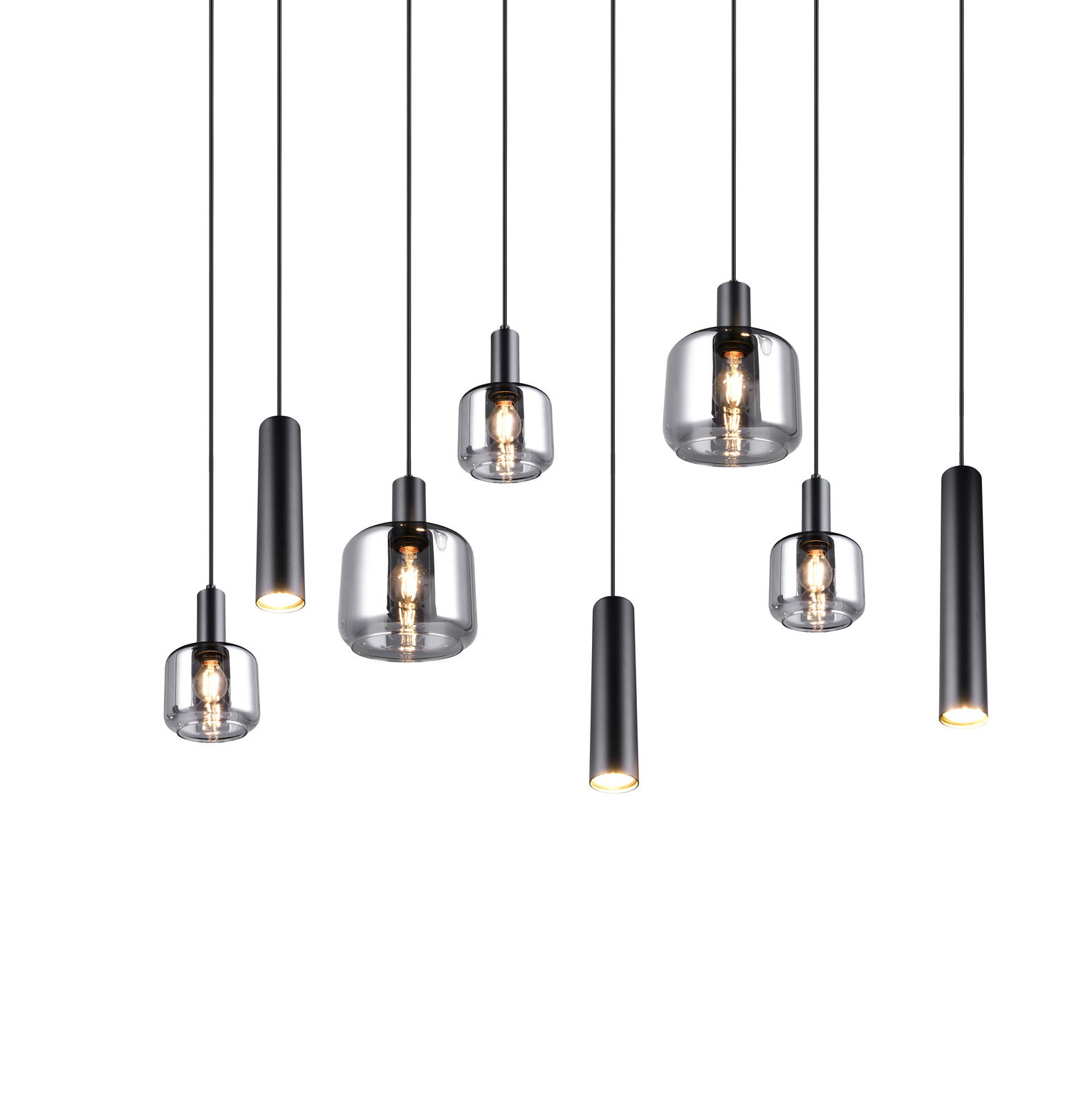 Moderne Pendelleuchte mit mehreren hängenden Glaskörpern und zylindrischen Metallfassungen, seitliche Perspektive