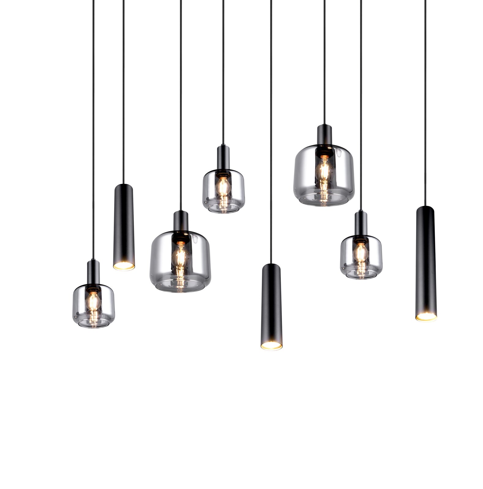 Moderne Pendelleuchte mit mehreren hängenden Glaskörpern und zylindrischen Metallfassungen, seitliche Perspektive
