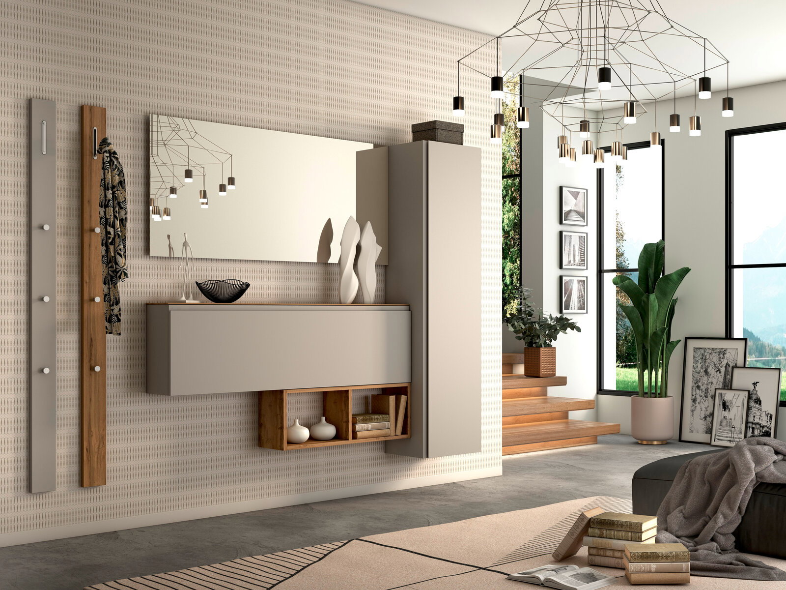 Modernes Garderoben-Set in einem stilvollen Wohnzimmer mit Wandspiegel, Hängeschrank und Dekorationen, seitliche Perspektive.