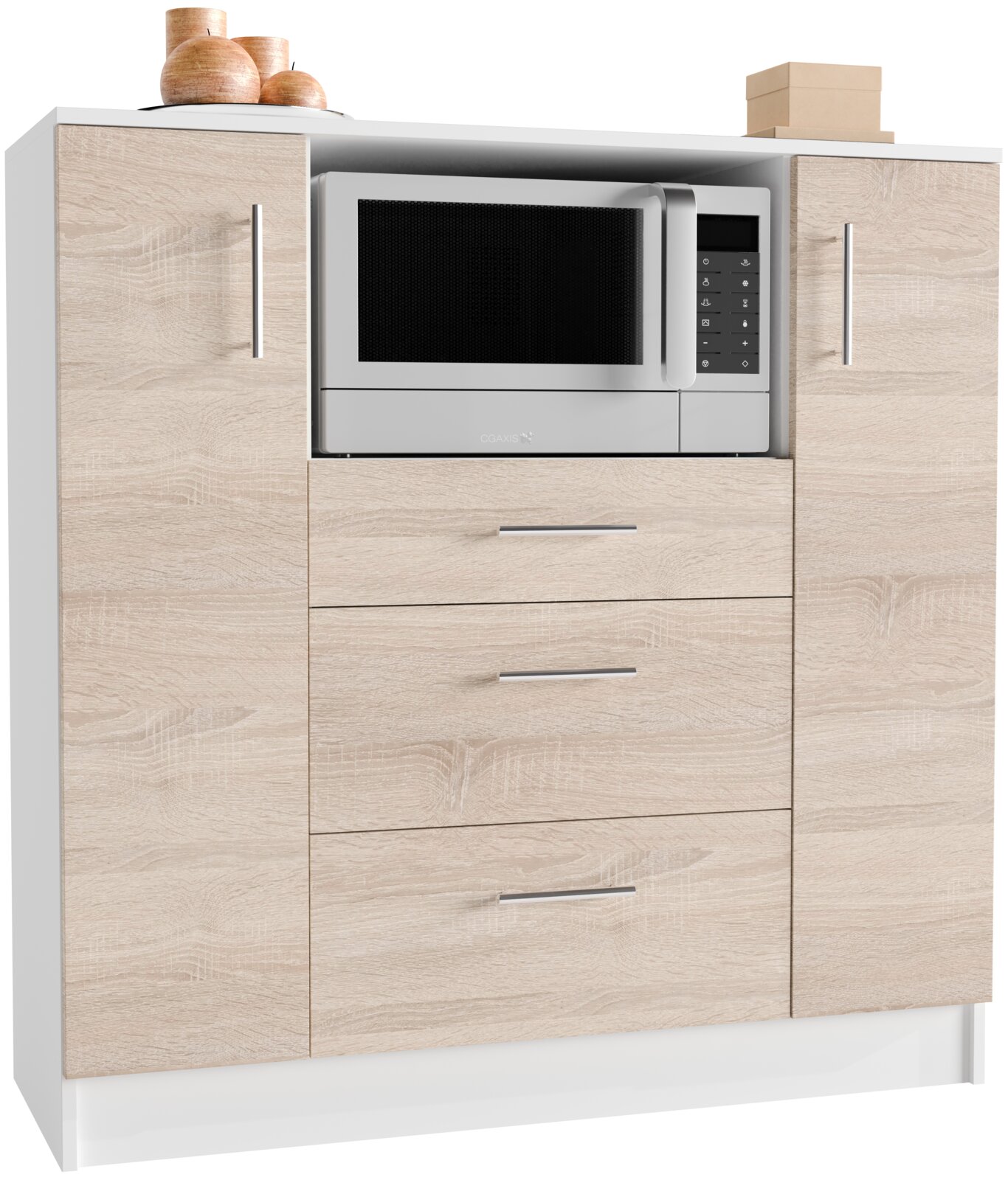 VCM Küchenkommode ESILO Küchen-Hochschrank in heller Eichenoptik mit weißem Korpus, Nische für Mikrowelle sowie Türen und Schubladen mit Metallgriffen, frontal aus leicht schräger Perspektive von vorn fotografiert.