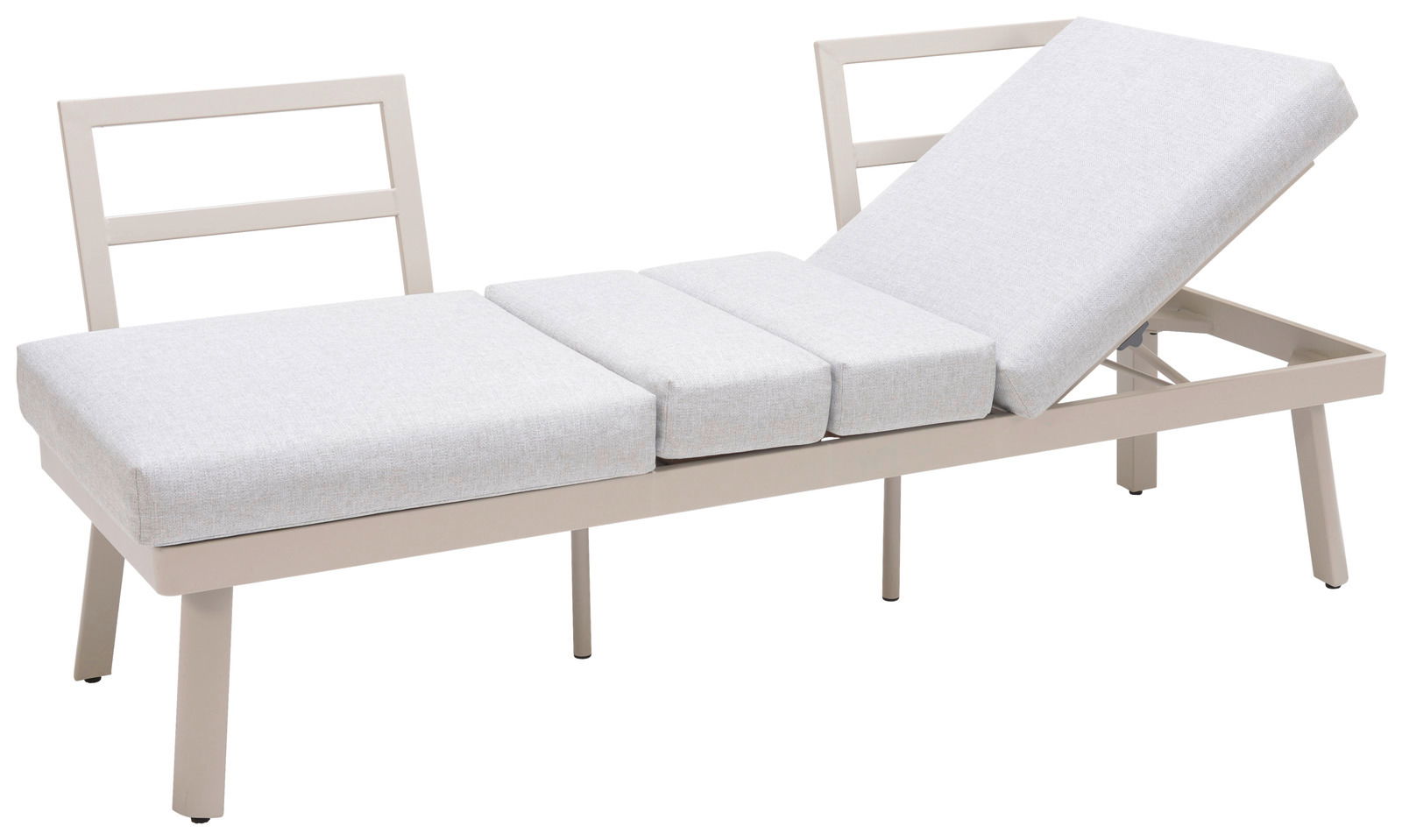 Seitliche Ansicht einer Lounge-Kombination mit verstellbarer Rückenlehne und hellgrauen Polstern.