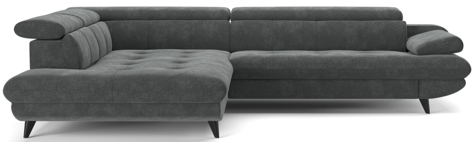 Donkergrijze L-vormige hoekbank met chaise longue links, gestoffeerd in stof met gecapitonneerde zitting en verstelbare hoofdsteunen, getoond in vooraanzicht licht schuin van voren op witte achtergrond.