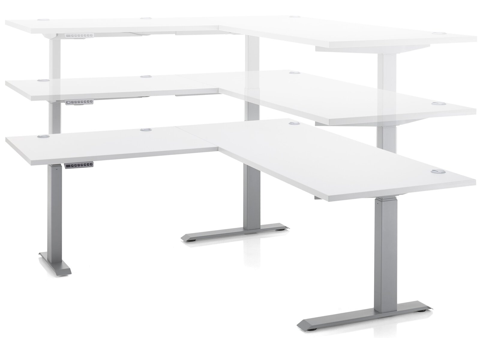 Höhenverstellbarer weißer Eckschreibtisch aus der E-Serie, seitliche Perspektive