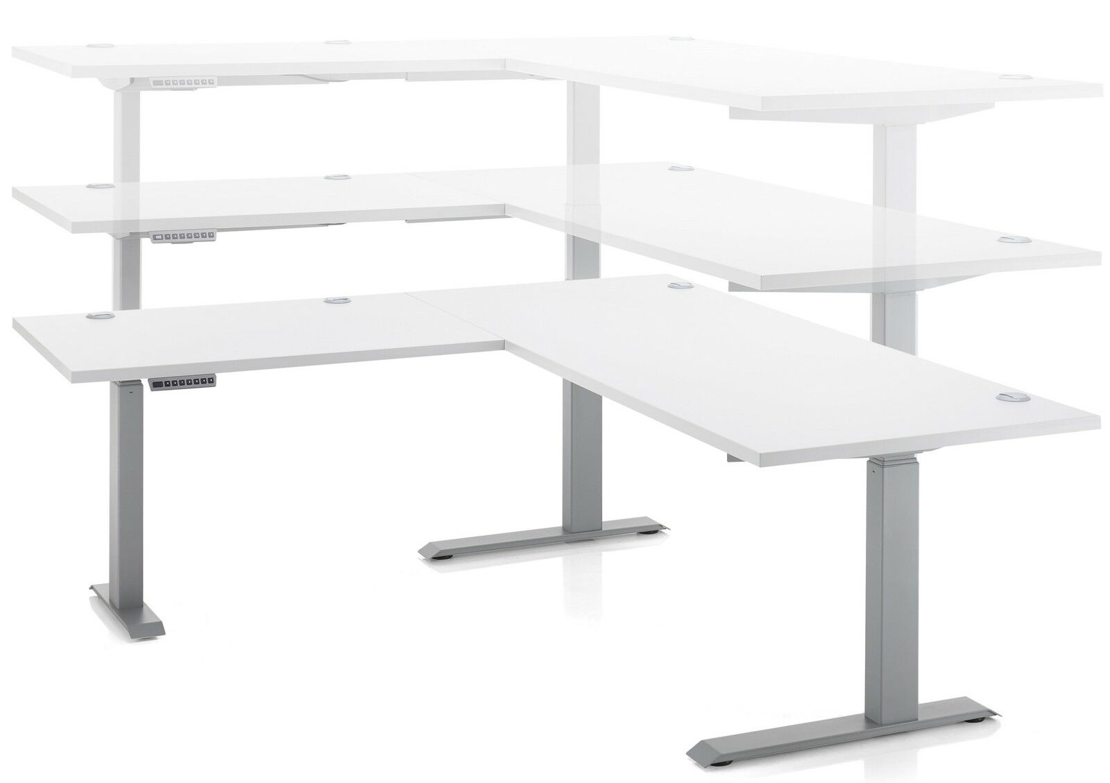 Höhenverstellbarer weißer Eckschreibtisch aus der E-Serie, seitliche Perspektive