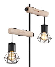 Moderne Stehleuchte mit zwei hängenden Lampen in geometrischen Metallkäfigen und Holzdetails, seitliche Perspektive
