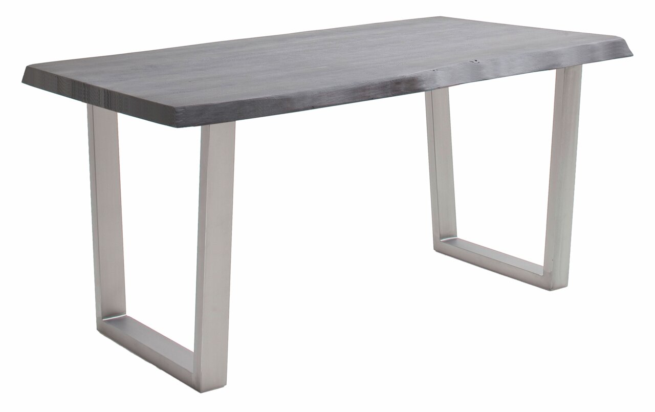 Moderner Esstisch mit dunkler Holzplatte und Metallbeinen, seitliche Perspektive