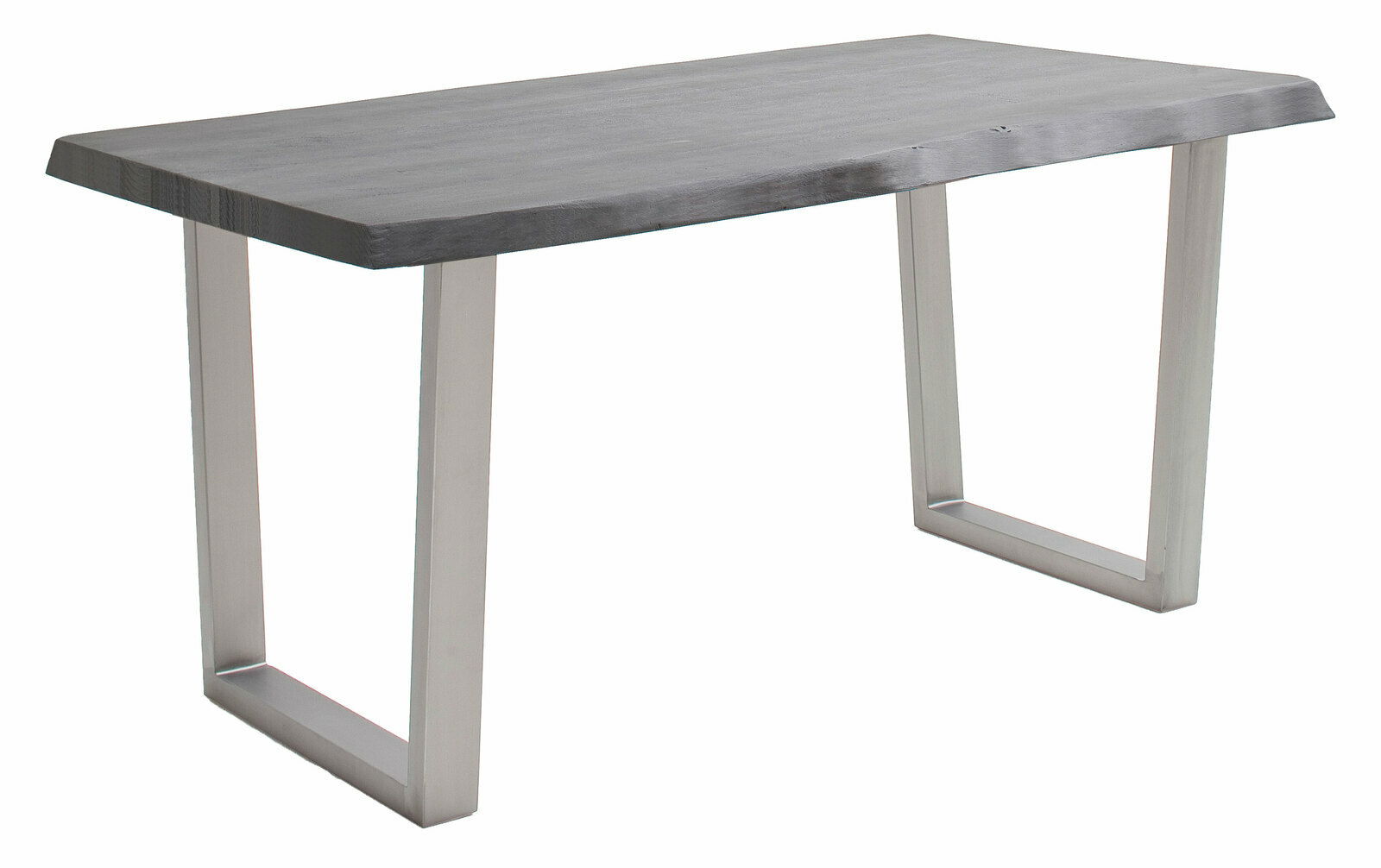 Moderner Esstisch mit dunkler Holzplatte und Metallbeinen, seitliche Perspektive