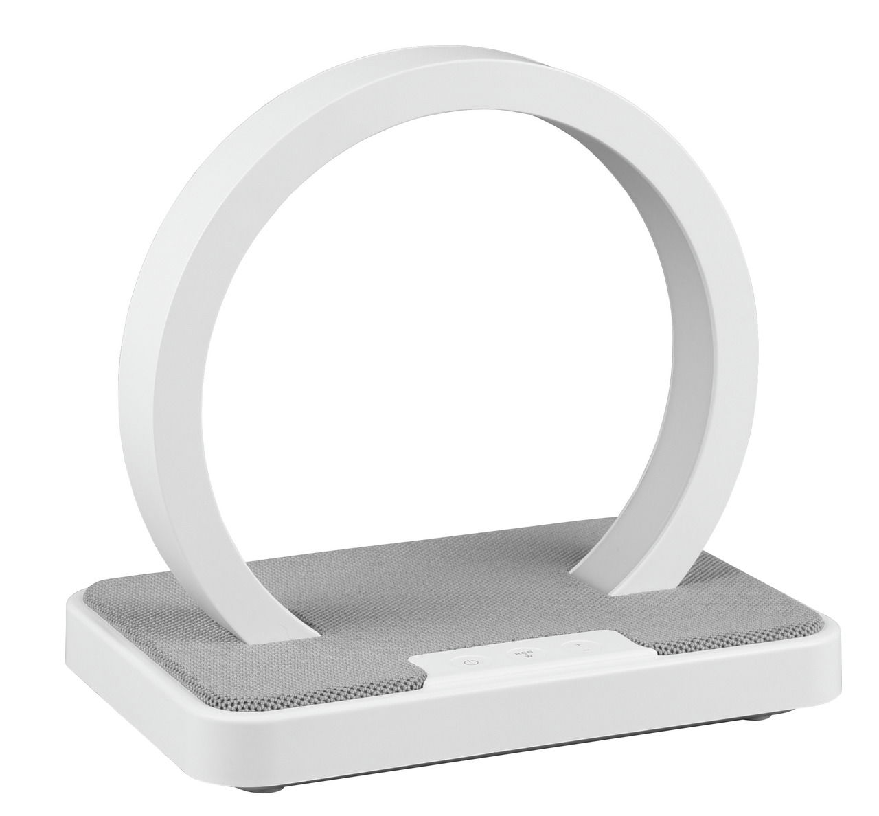 Moderne LED-Tischleuchte in Ringform mit grauer Basis, seitliche Perspektive