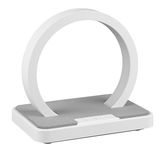 Moderne LED-Tischleuchte in Ringform mit grauer Basis, seitliche Perspektive