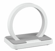 Moderne LED-Tischleuchte in Ringform mit grauer Basis, seitliche Perspektive