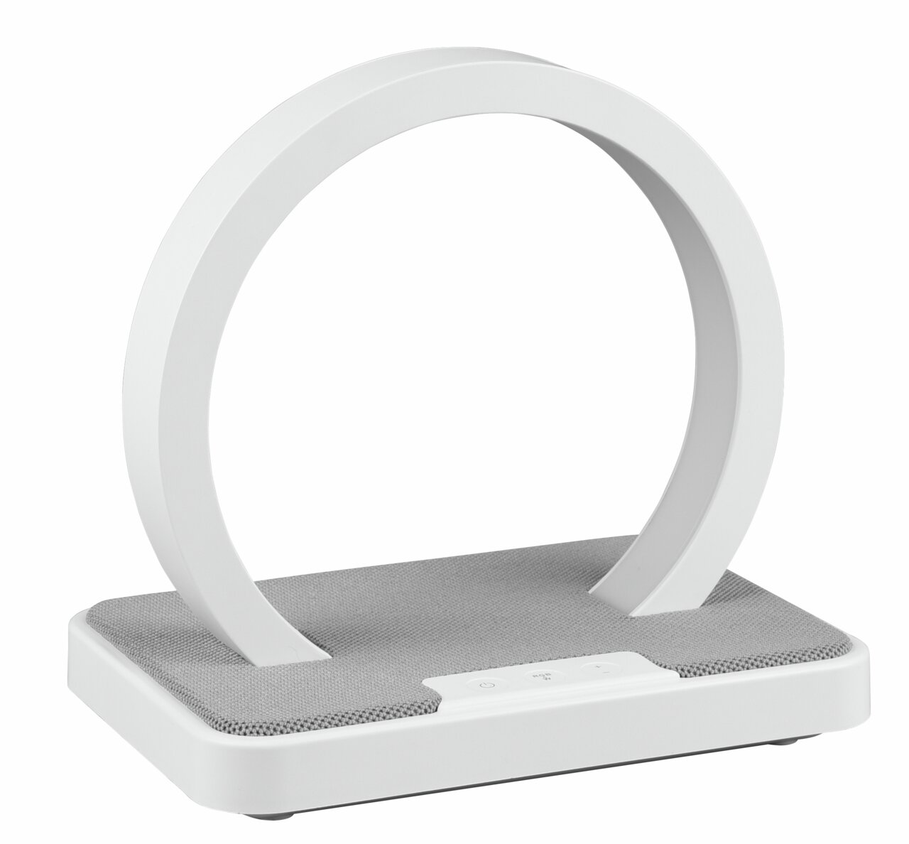 Moderne LED-Tischleuchte in Ringform mit grauer Basis, seitliche Perspektive