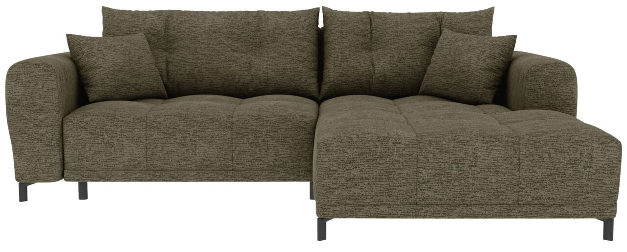 Olijfgroene, gestructureerde hoekbank met ottomane/longchair aan de rechterkant, brede armleuningen en losse rugkussens, vrijstaand op een witte achtergrond, vooraanzicht