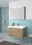 Moderner Badblock mit Holzoptik und weißem Waschbecken, frontal betrachtet, vor einer Wand mit blauen Fliesen.