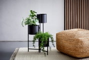 Zwei schwarze Blumensäulen mit Pflanzen, fotografiert aus einer seitlichen Perspektive, neben einem geflochtenen Pouf auf einem Teppich.