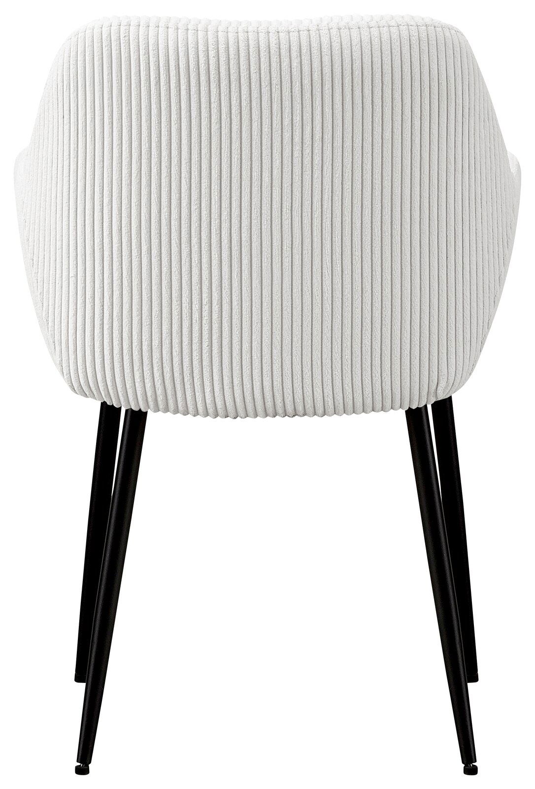 Rückansicht eines weißen Armlehnstuhls mit geripptem Stoffbezug und schwarzen Metallbeinen.