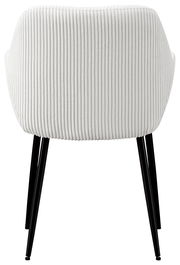 Rückansicht eines weißen Armlehnstuhls mit geripptem Stoffbezug und schwarzen Metallbeinen.