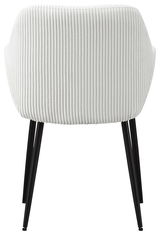 Rückansicht eines weißen Armlehnstuhls mit geripptem Stoffbezug und schwarzen Metallbeinen.