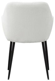 Rückansicht eines weißen Armlehnstuhls mit geripptem Stoffbezug und schwarzen Metallbeinen.