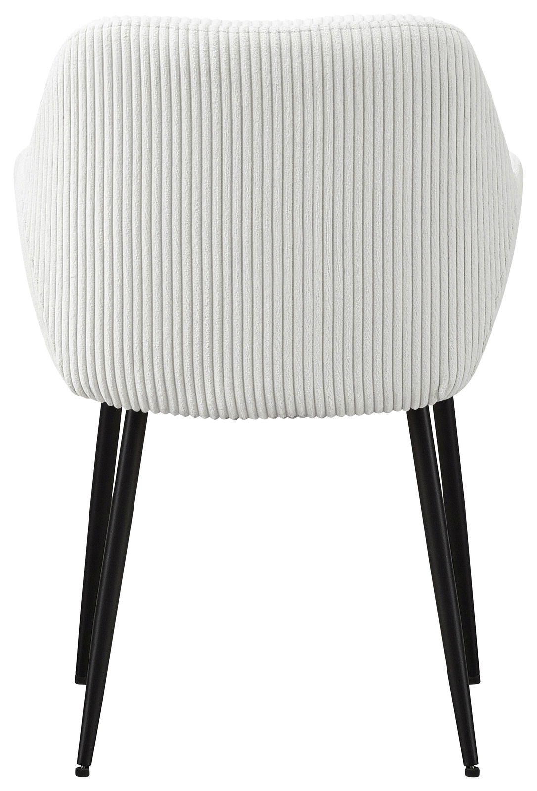 Rückansicht eines weißen Armlehnstuhls mit geripptem Stoffbezug und schwarzen Metallbeinen.