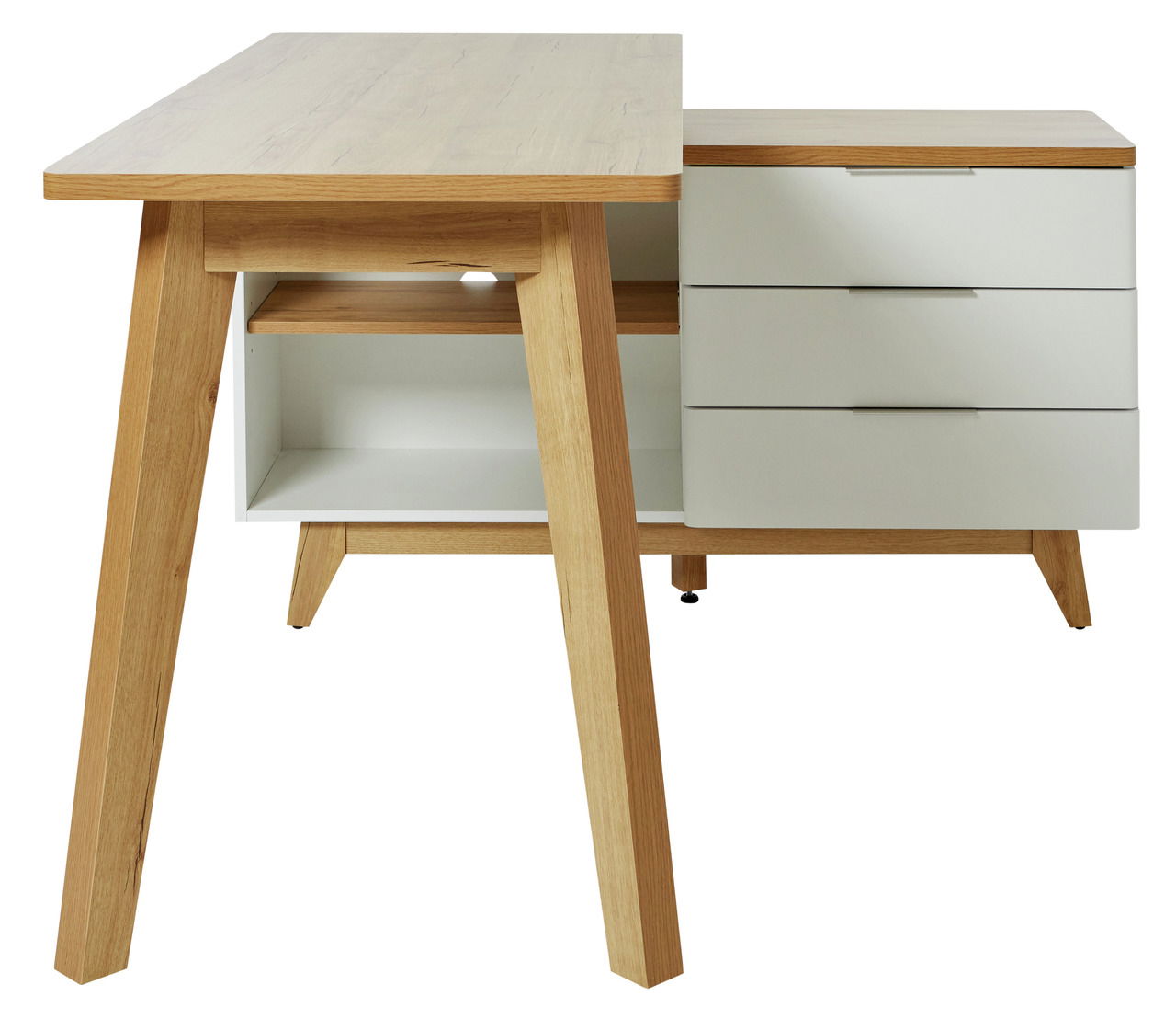 Moderner Eck-Schreibtisch aus Holz mit weißen Schubladen, Vorderansicht